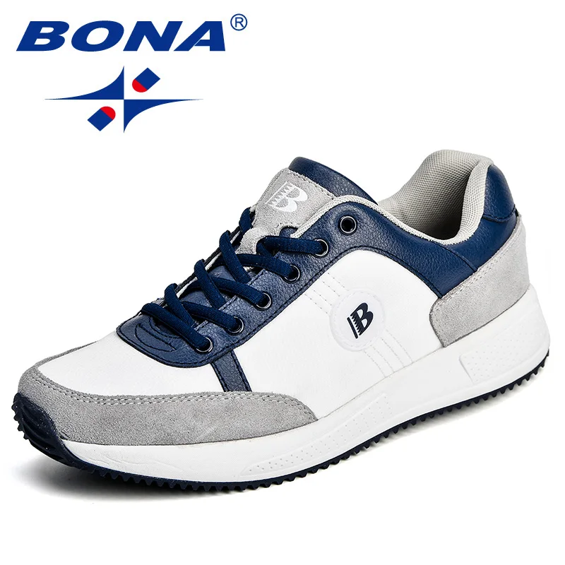 White deep blue grey BONA/Новинка; классические стильные мужские кроссовки; замшевая сетчатая Мужская Спортивная обувь; обувь для бега на открытом воздухе; удобный мягкий светильник; - Цвет: White deep blue grey