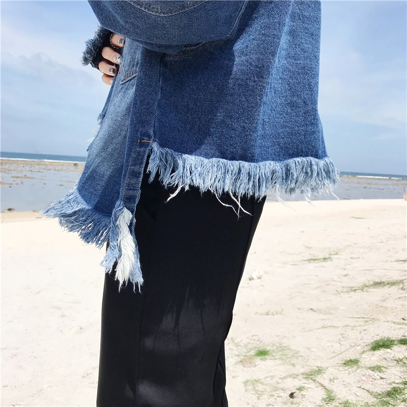 Hzirip Новинка 2017 года осень ковбойский синий Для женщин кисточкой джинсовая куртка