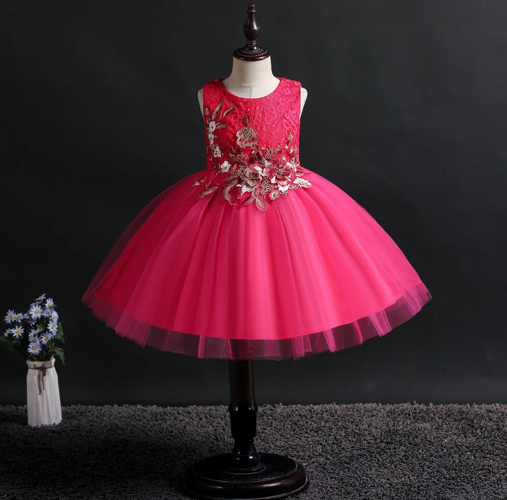Девушки вышивка Платье с цветочным узором детское Сетчатое бальное платье