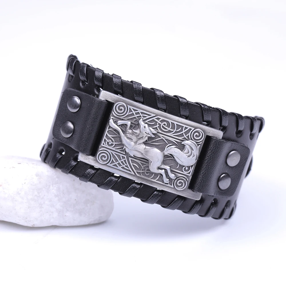 Мужской винтажный браслет Skyrim из натуральной кожи с тотемным волком и викингом