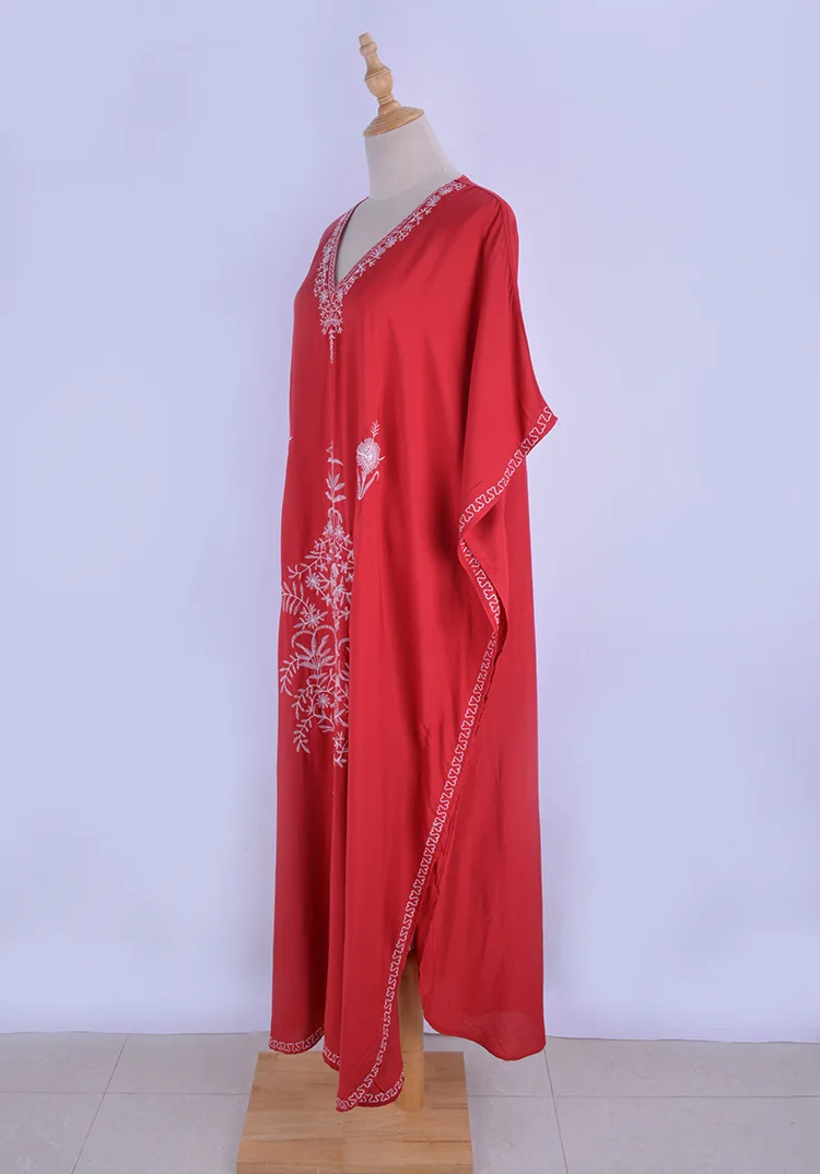 

Women Summer Red Color Long Sleeve V-Neck Cotton Plus Size Kaftan Dress S-5XL