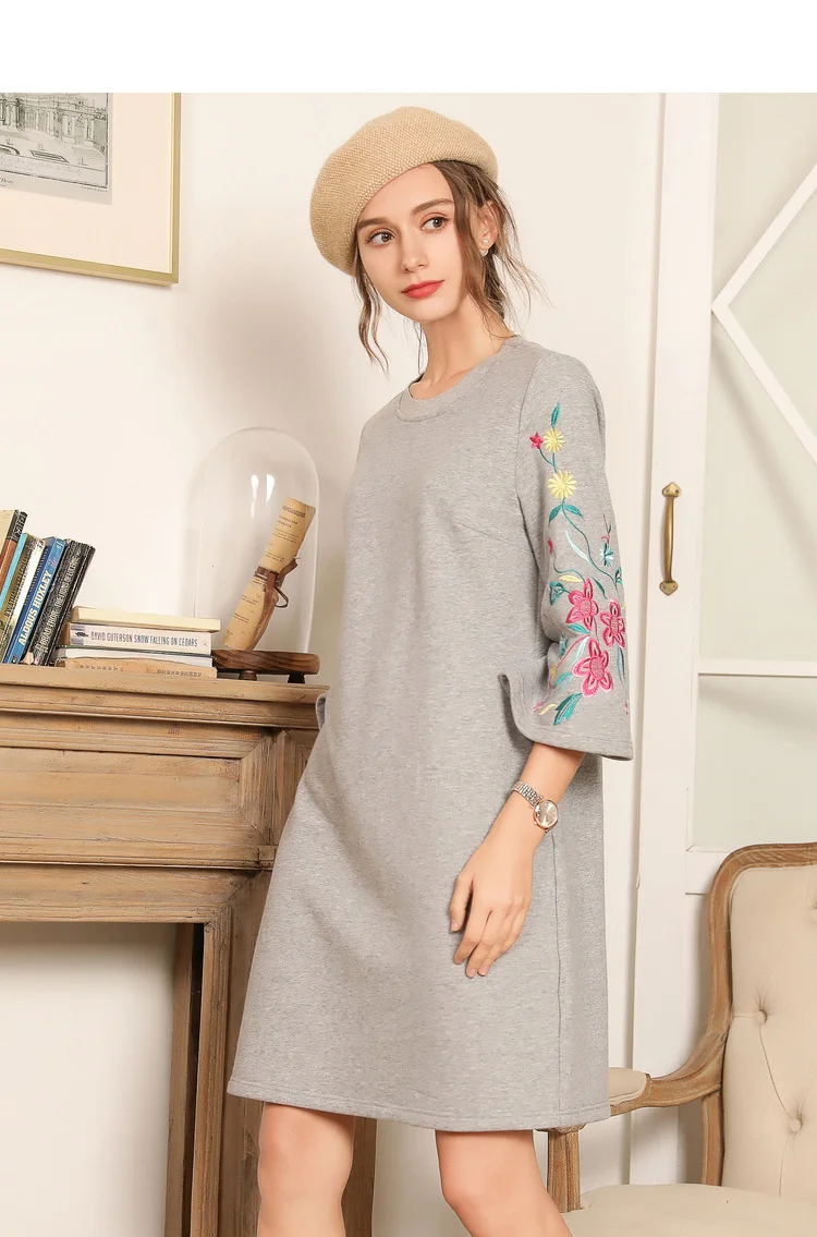 L~ 3XL 4XL 5XL женское серое свободное Повседневное платье осеннее трикотажное Хлопковое платье трапециевидной формы с короткими рукавами Серое Платье До Колена AOFULI A3827