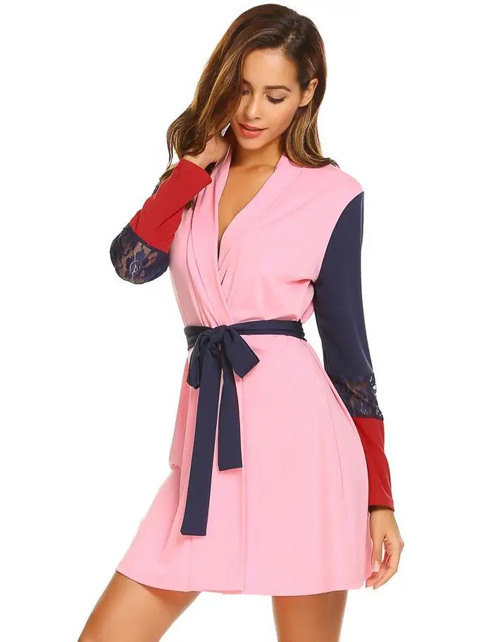 Ekouaer Women Sleepwear Robe Long Sleeve Pockets Patchwork Lace Contrast Color Kimono Bathrobe Spa Robes Female Nightwear
