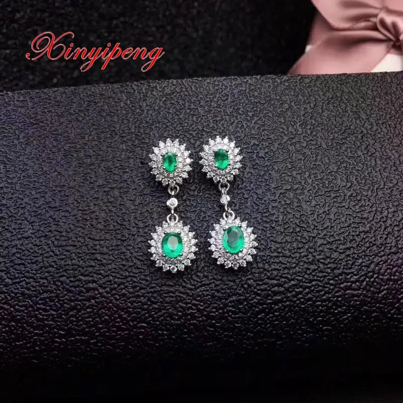 

Xin yi peng 925 silver inlaid natural emerald earrings, women earrings, elegant fashion, birthday anniversary gift