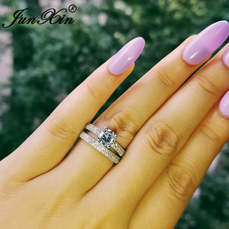 Silver Color JUNXIN, женское белое свадебное кольцо, набор, модное, серебряное, розовое золото, цвет Promise CZ обручальные кольца с камнями для женщин, ювелирное изделие - Цвет основного камня: Silver Color