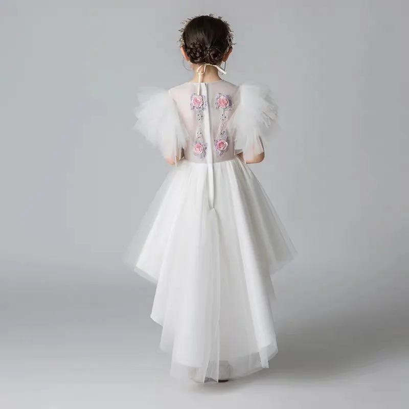 

2019Summer Elegant Fashion Children Girls Front Short Back Long Tail Dress For Birthday Evening Party Lovely Host Pageant Dress