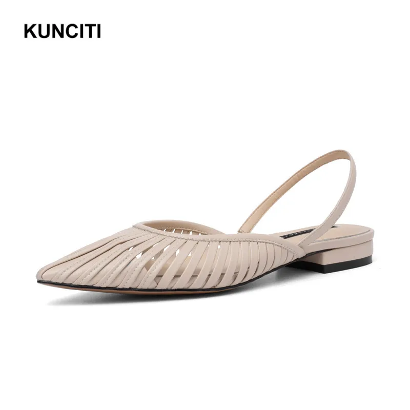 KUNCITI/; босоножки на низком каблуке из натуральной кожи; женская пикантная обувь заостренная на каблуке; женские повседневные босоножки в европейском стиле; X957