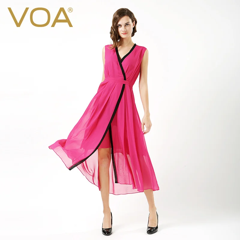 Женское длинное шелковое Клубное платье VOA розовое красное без рукавов с