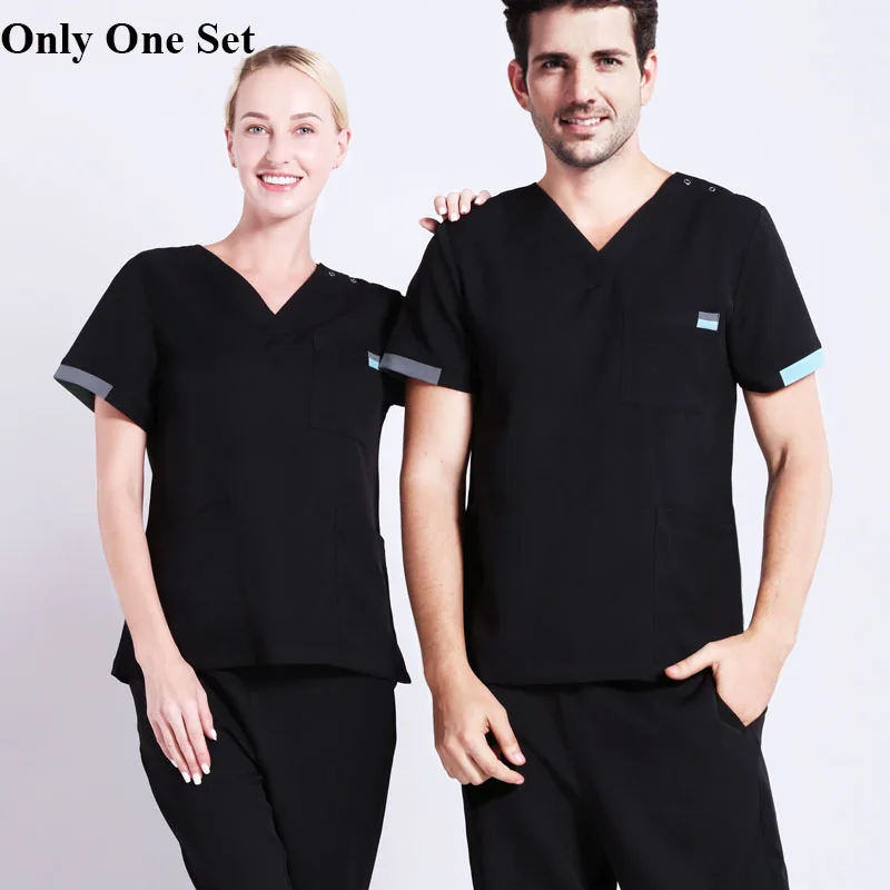 Only One Set Black Униформа медсестры унисекс, униформа для хирургического врача, медицинская рабочая одежда, костюм для кормления, Современная Классическая рабочая одежда с v-образным вырезом и коротким рукавом для стоматолога - Цвет: Only One Set Black