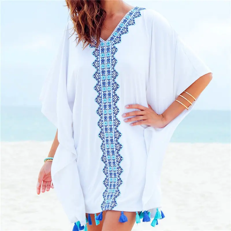 Женское пляжное платье с вышивкой белое богемное V образным вырезом и рукавами