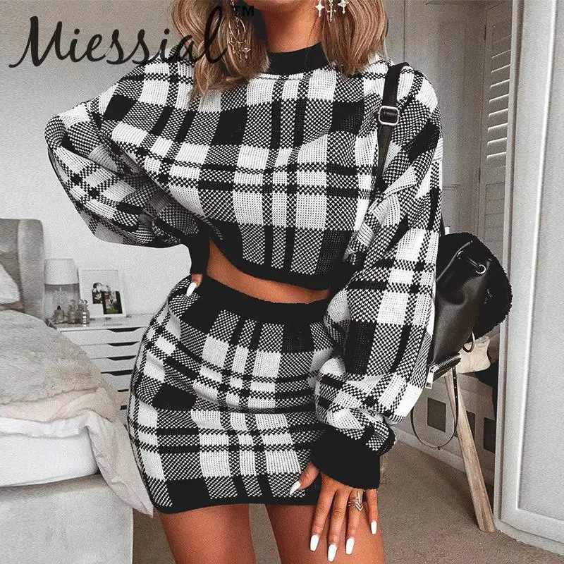 Miessial, вязанный клетчатый костюм из двух частей, платье-свитер, женское, Осеннее, элегантное, облегающее, мини-платье, зимнее, теплое, винтажное, вечерние, Клубное платье
