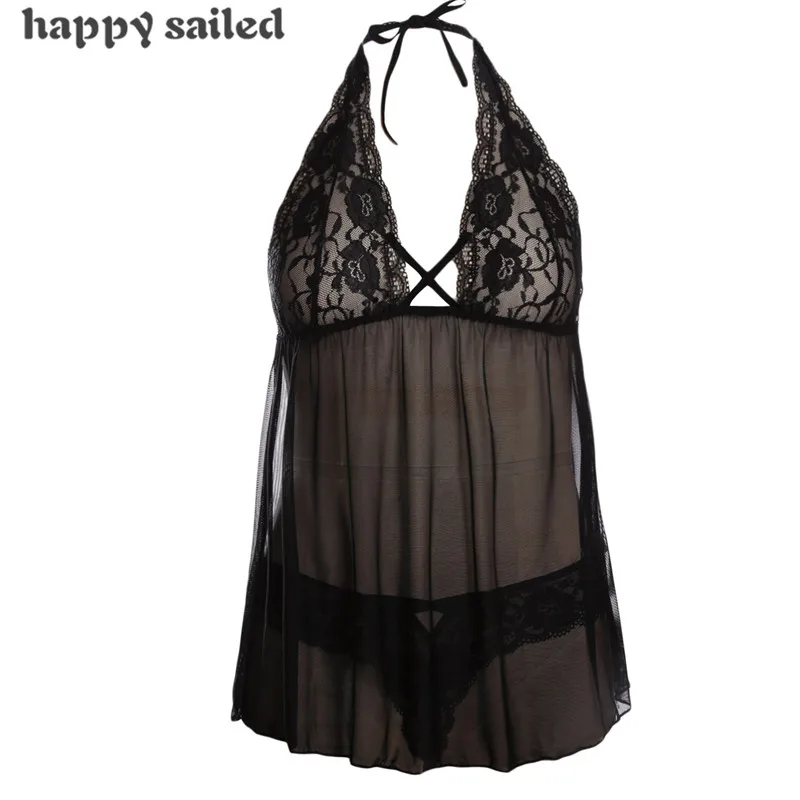 Happy Sailed babydoll lingerie sexy Black Ravishing Halter Lace Top Open Back Night Dress with Thong Costumes Underwear LC31014 |