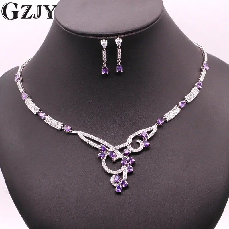 purple GZJY Роскошный Золотой Цвет капли воды многоцветный циркон ожерелье серьги Свадебные Ювелирные наборы для женщин Свадебные - Окраска металла: purple