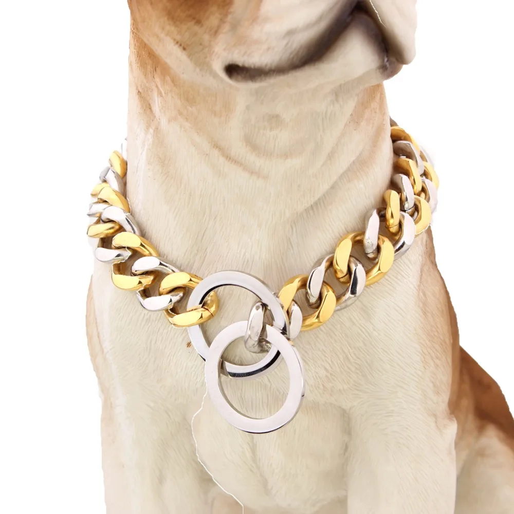 

10/12/15MMHot Sale Stainless Steel Silver Color/Gold Cut Cuban Curb Pet Supplies Dogs Collar Choker Safety Anti-lost Chain12-34"