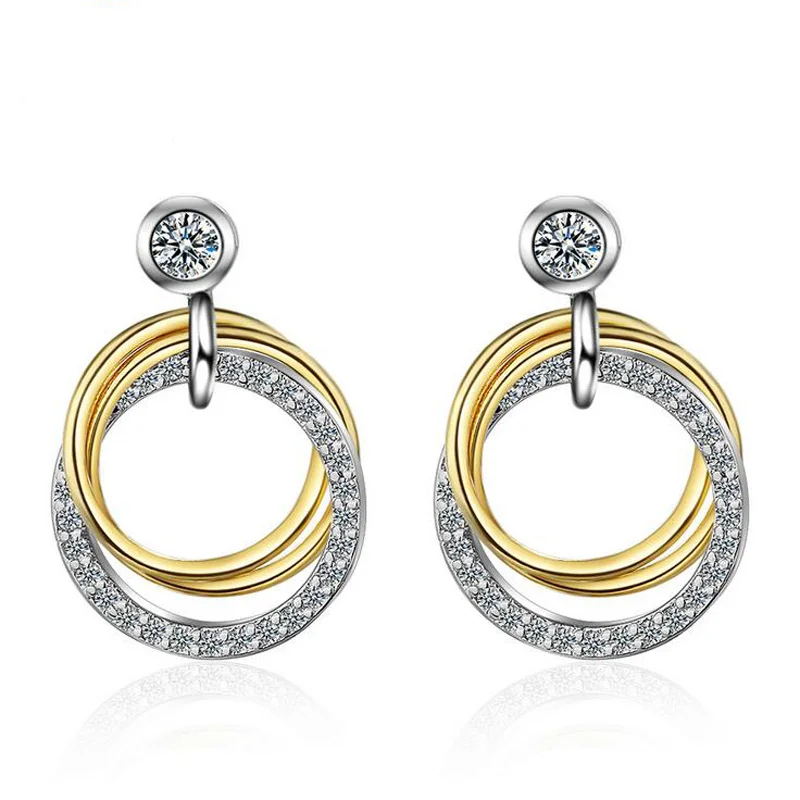 

New Trendy Simple 925 Silver Shiny Zircon Double Ring Circle Dangle Earring For Girls Women Personality Sweet Party Gift Jewelry