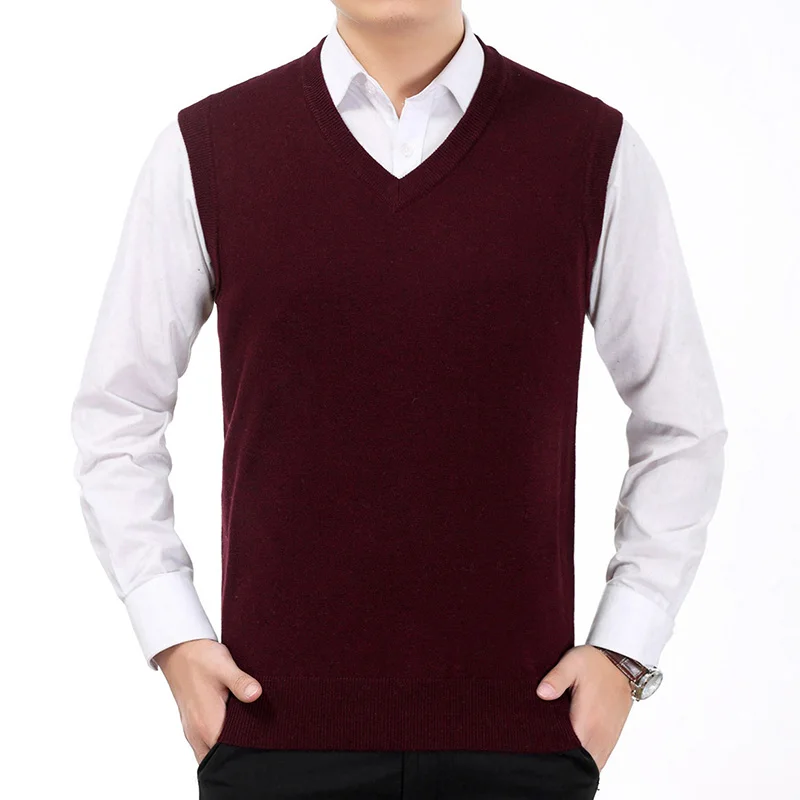 Spring Autumn Men Kintted Vest Woollen Blends Waist Coat Man Casual V-neck Vests Male Sleeveless Weskit Plain Textured Gilet | Мужская