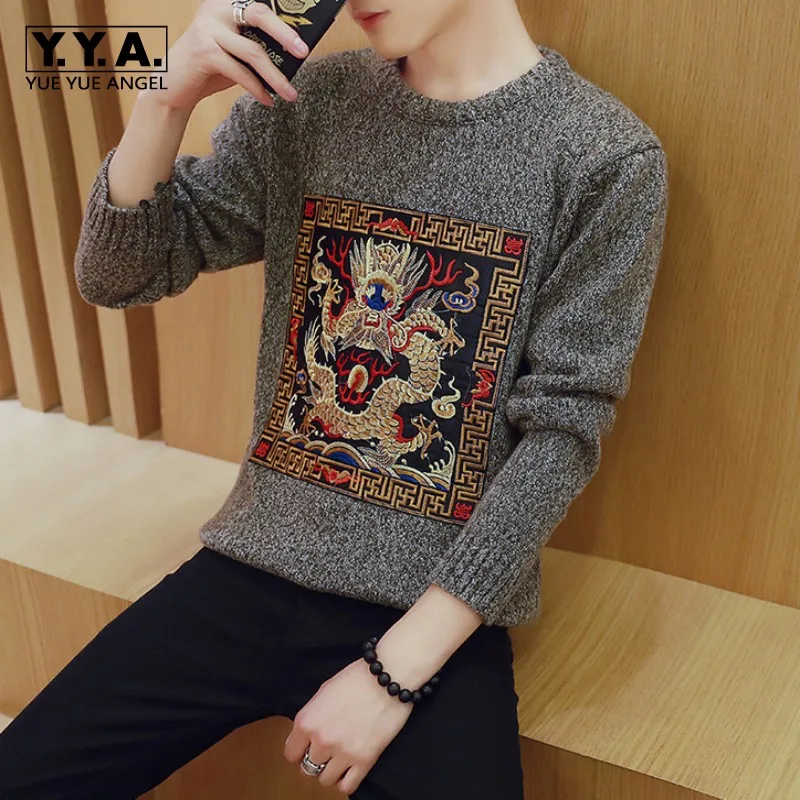 Мужской свитер с вышивкой в китайском стиле круглым вырезом|fashion men sweater|men fashion