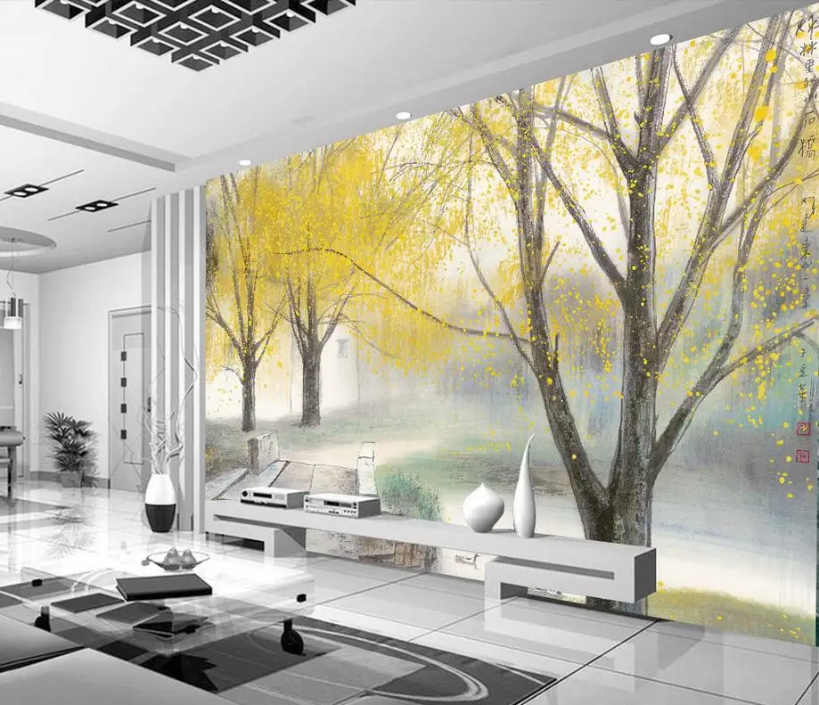 Обои для гостиной акварельные Золотые деревья фрески окна Настенные обои