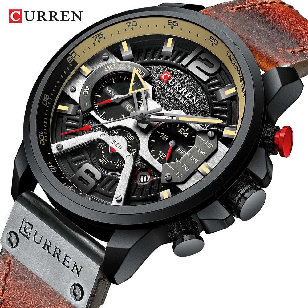 Fashion Leather Wristwatch Mens Sports Watch Men Watches Calendar Top Brand Luxury Black Male Clock CURREN 8329 | Наручные часы