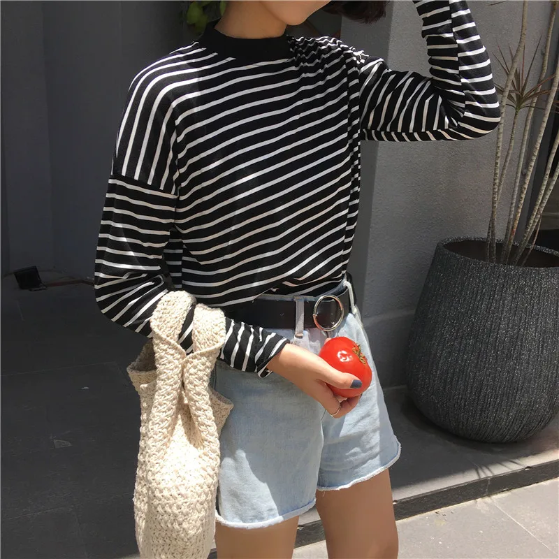 Модная одежда для девочек полосатый Топ Женщины Свободные 2018 Женский О-образным