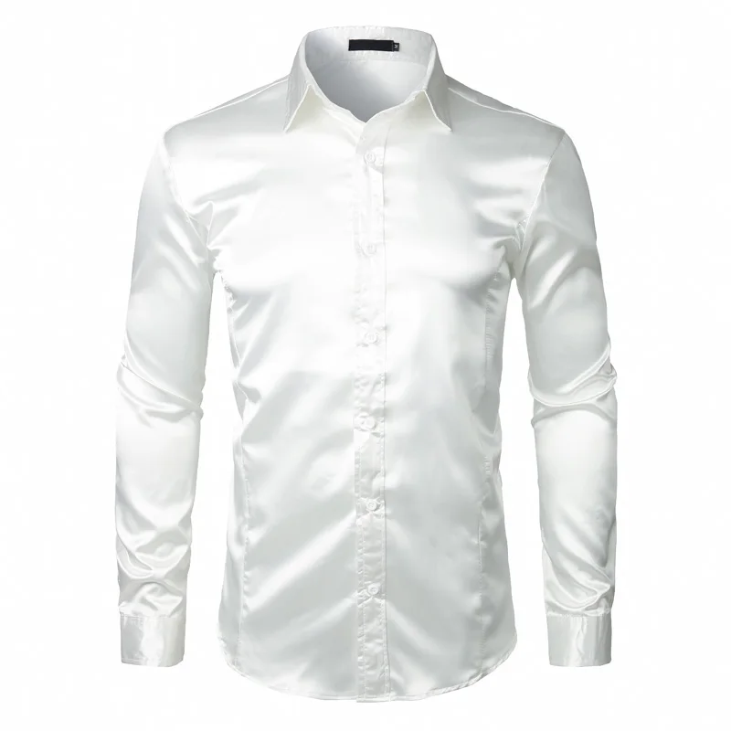 Новые мужские рубашки с длинным рукавом Chemise Homme, модный дизайн, Черная Мужская шелковая рубашка, облегающие рубашки под смокинг, брендовые рубашки Camisa Social - Цвет: White