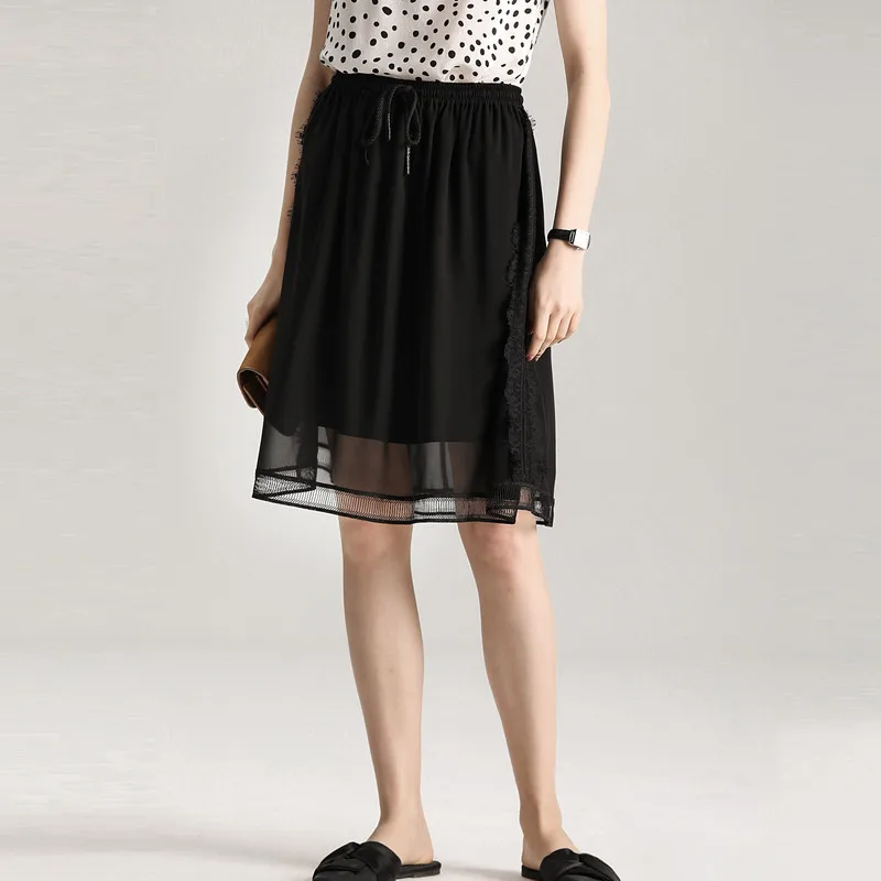 Женская шелковая юбка черная плиссированная юбка-трапеция из 100% натурального