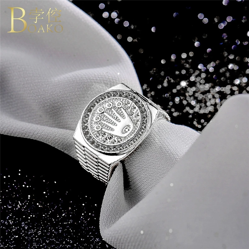 BOAKO Rapper Men Ring Wide Hip Hop Statement Gold Engraved Luxury Iced out crown anillos hombre party jewelry | Украшения и