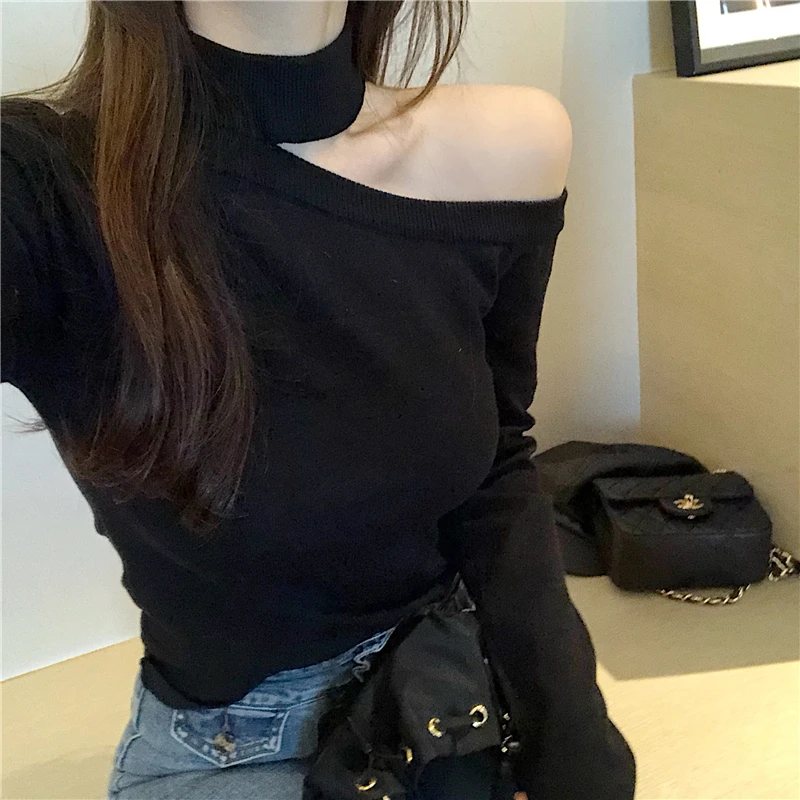 Little Sexy Off One Shoulder Tight Knit Women Slim Versatile Bare Bottom Sweater Женская одежда