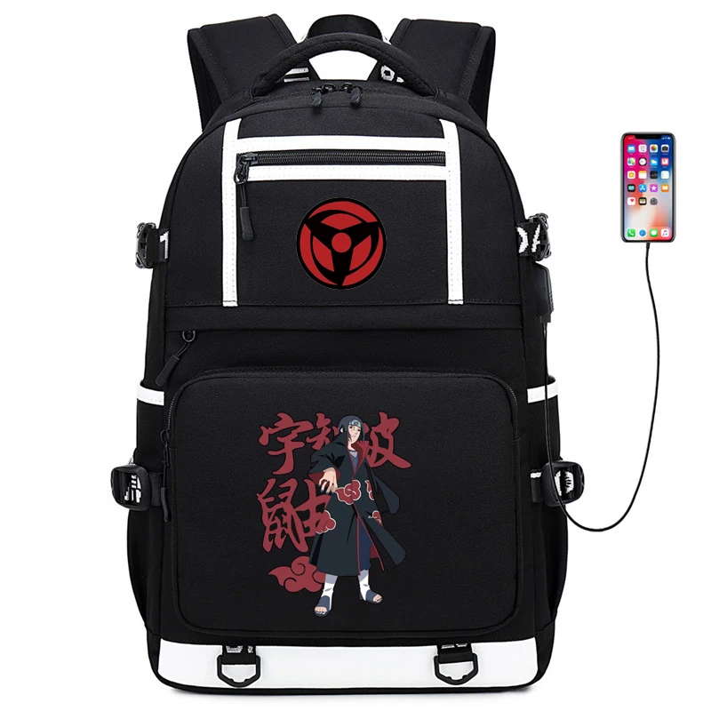 Дорожный рюкзак Uchiha Sasuke для женщин Холщовый школьный ранец с двумя лямками и USB