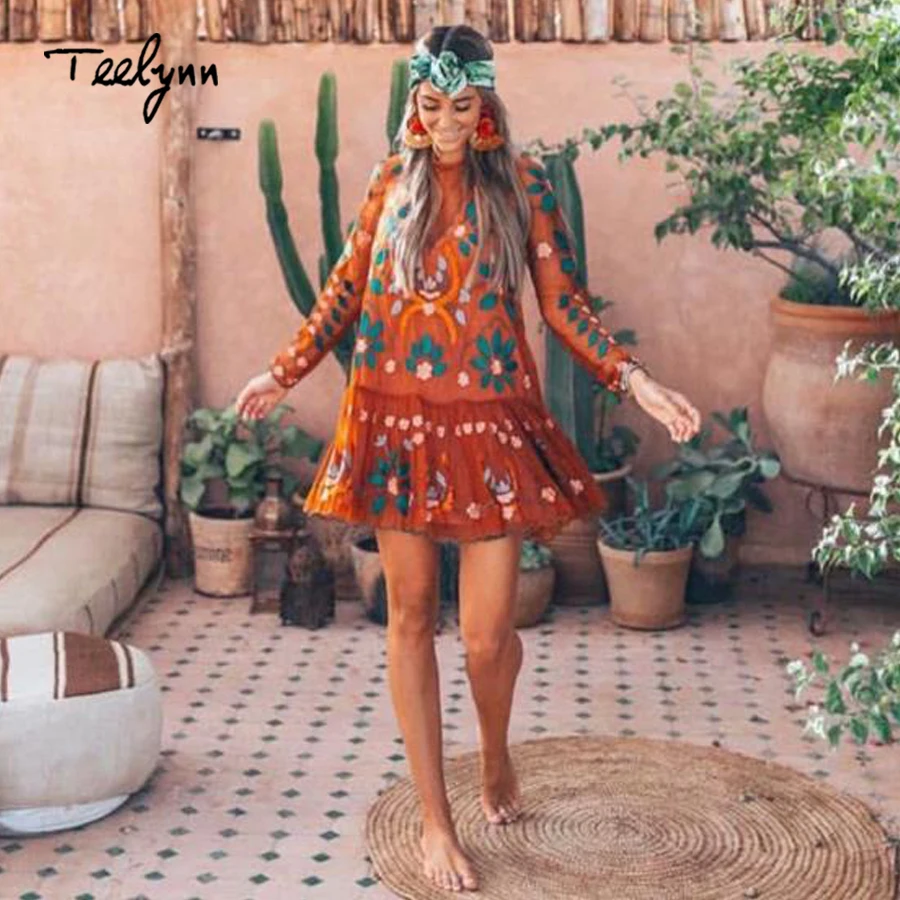 TEELYNN винтажные сетчатые платья с цветочной вышивкой 2018 осеннее платье длинными