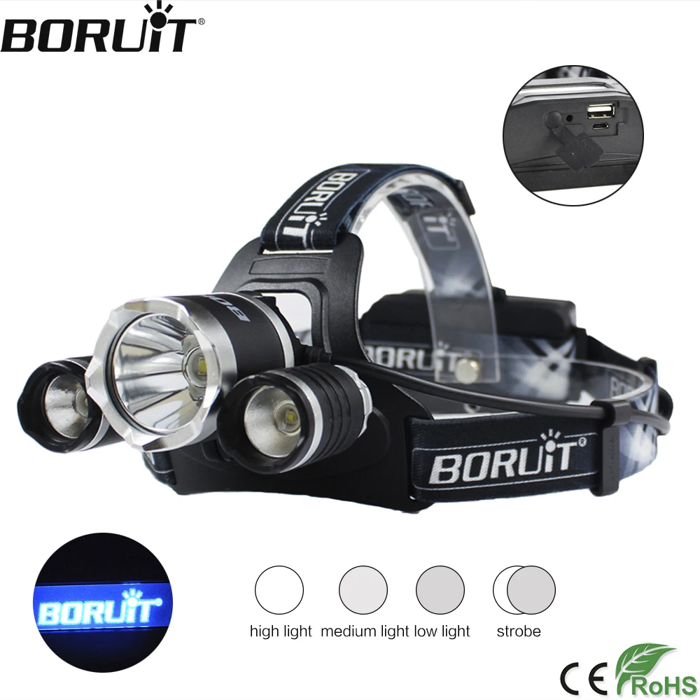 BORUiT B21 XM L2 XPE светодиодный налобный фонарь 3000LM 4 режимный мощный с аккумулятором