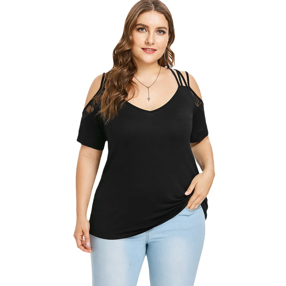 Женская футболка с кружевными вставками Rosegal летняя черная v образным вырезом и