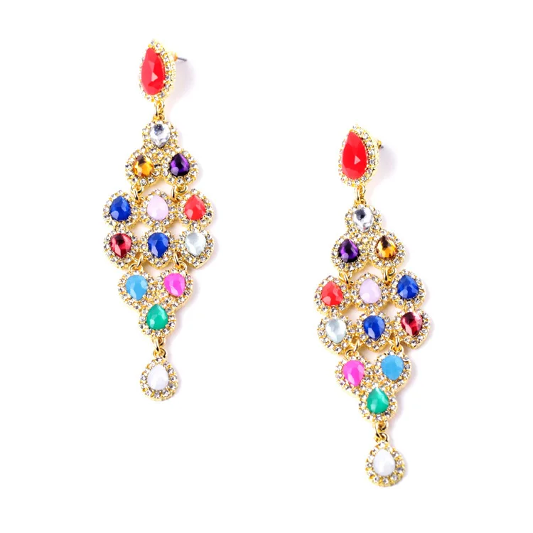 Яркие блестящие изысканные вечерние серьги яркого цвета с кристаллами в форме