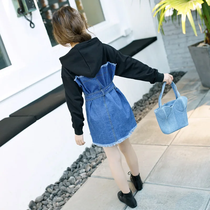 Little Girls Denim Dresses Autumn 2018 New Kids Long Sleeve Hooded Dress Toddler Jeans Clothes Blue | Детская одежда и обувь