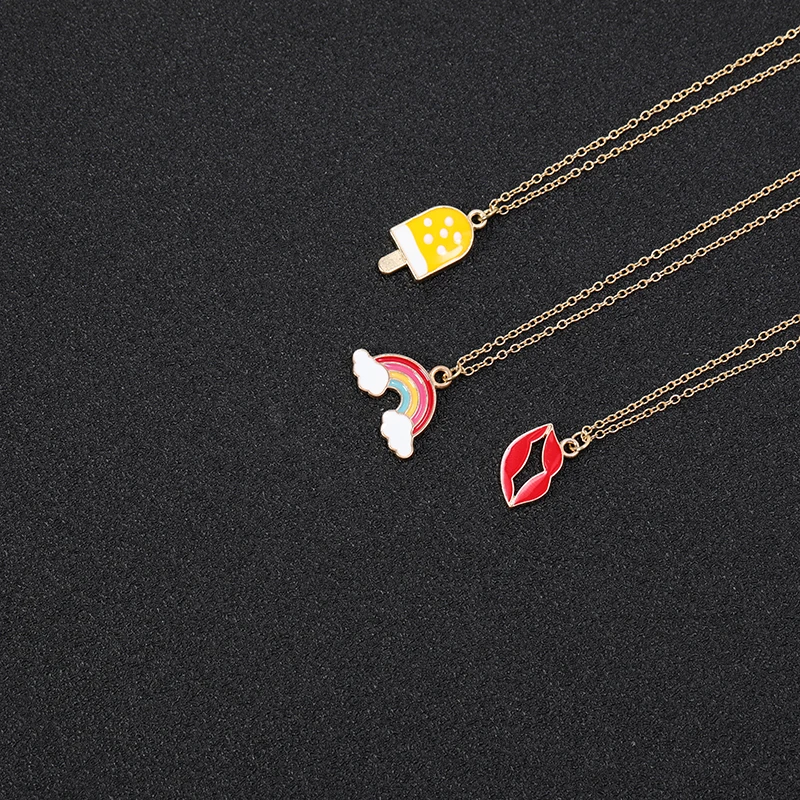 Small Cartoon Enamel Ice Cream Popsicle Necklace Colorful Rainbow Bridge Cloud Red Color Lip Chain Necklaces Women | Украшения и