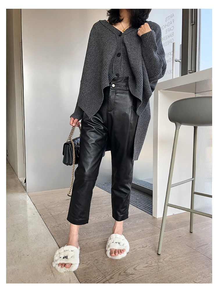 Women Ankle-Length Pants Genuine Sheep Leather Fashion Natural Genuine Sheep Leather Crop Jeans Harem Pants
