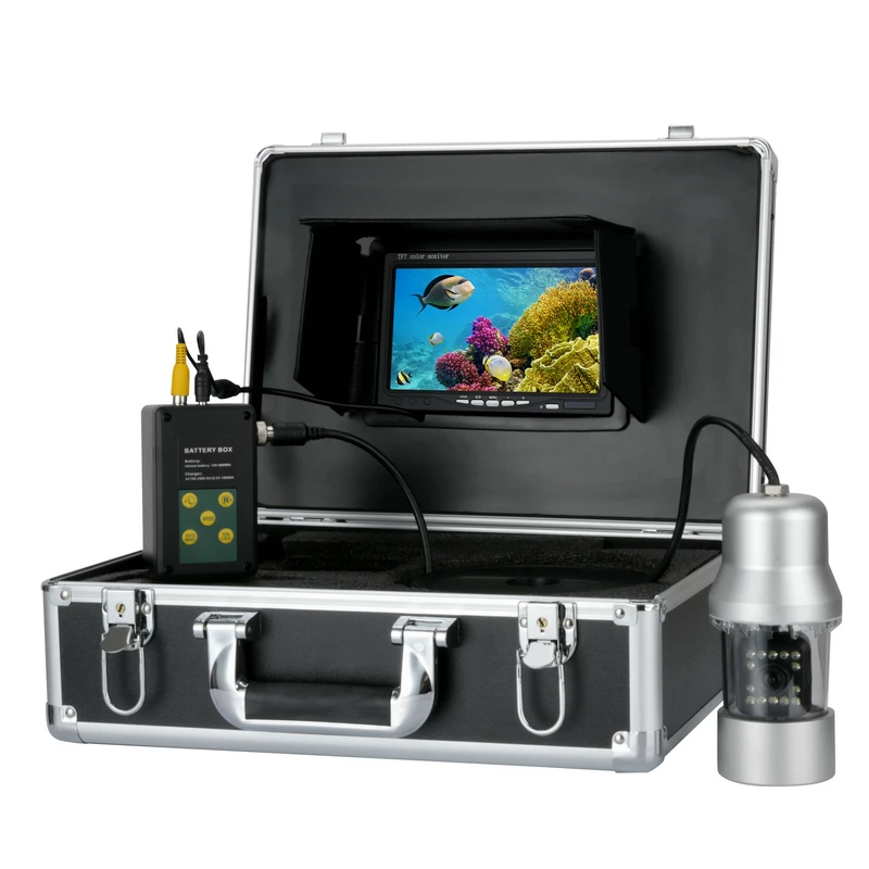 Цена Бесплатная доставка! Камера для подводной рыбалки CCD, 50 м, обзор 360 градусов, дистанционное управление, 7-дюймовый ЖК-монитор, 14 белых ламп