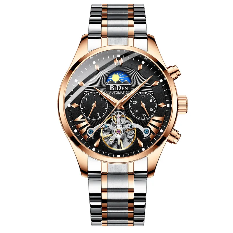 Rose Gold Steel Роскошные автоматические мужские часы механические часы Tourbillon спортивные мужские часы повседневные деловые кожаные часы в ретро-стиле Relojes Hombre - Цвет: Rose Gold Steel