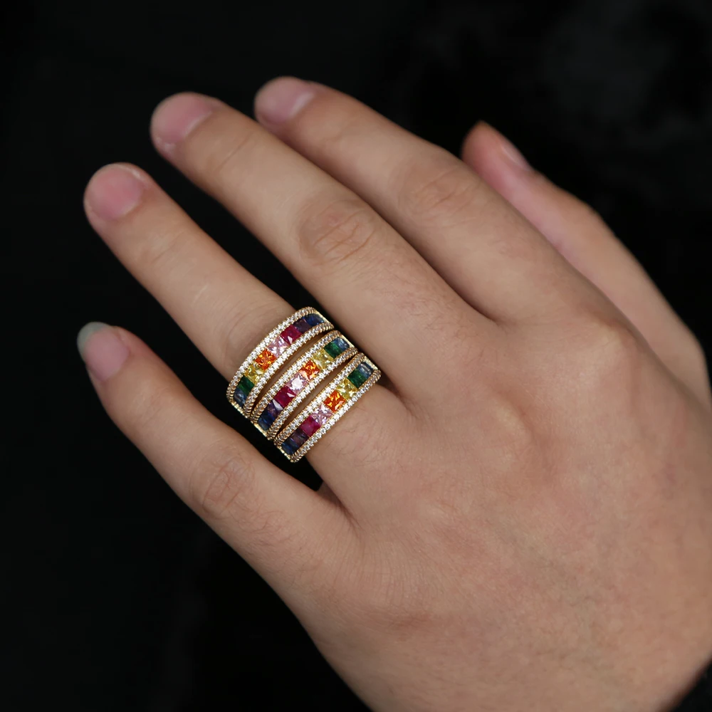 Яркие кольца из багета и фианита модные радужные постепенные на палец ювелирные