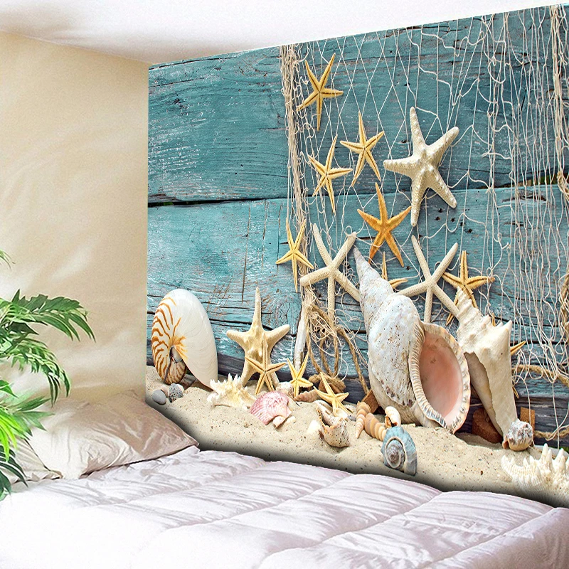 

Wood Starfish Conch Decorative Tapestry Wall Hanging Hippie Boho Tapestry Bohemian Retro Turquoise Green Blanket Beach Towel