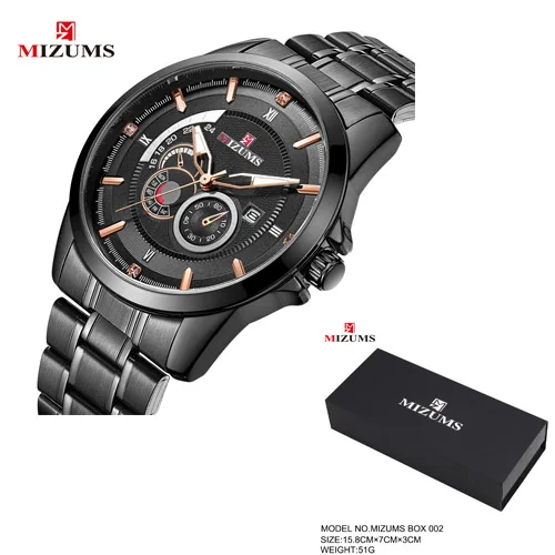 black with box Мужские часы с бриллиантами, кварцевые часы из нержавеющей стали, мужские наручные часы, водонепроницаемые часы с датой, золотые мужские часы, Лидирующий бренд Mizums reloj hombre - Цвет: black with box