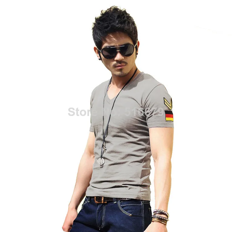 2018 Модные мужские футболки с коротким рукавом и v-образным вырезом облегающие