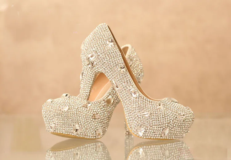 Серебристые туфли на платформе с кристаллами высоком каблуке обувь для