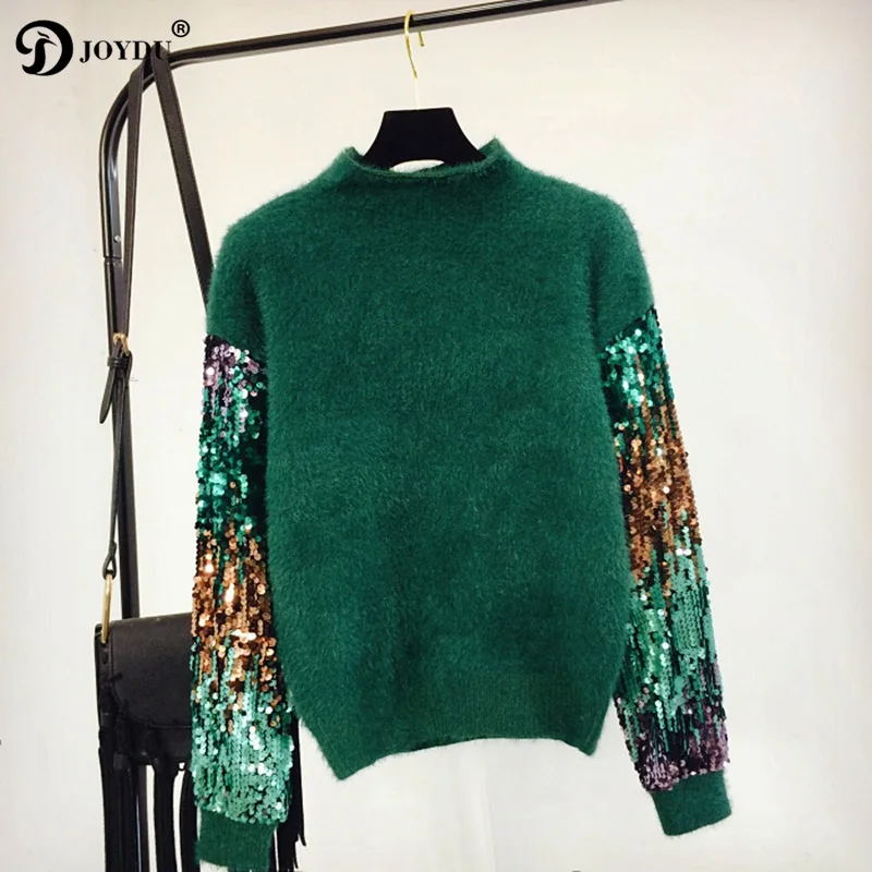 JOYDU 2018 Korean Winter Lady's Sweater Sequins Long Sleeve Patchwork Pullover Fashion Mohair Turtleneck Knitted Sweaters Women | Женская