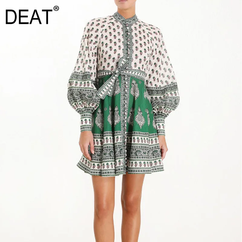 DEAT new summer fashion women clothes round neck vintage Vacation lantern sleeves linen flower printed dresses WG84206L