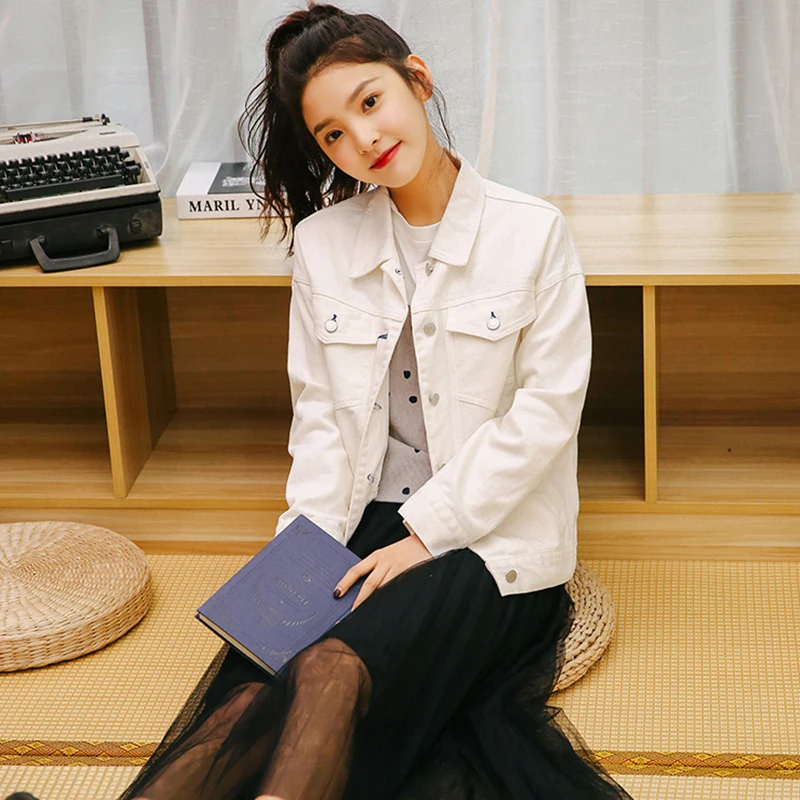 Женская джинсовая куртка короткая белая розовая с длинным рукавом A33 2019 | одежда