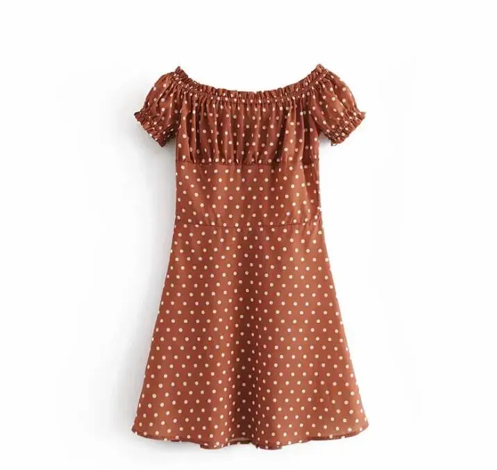 Женское винтажное платье с открытыми плечами пляжное в горошек лето 2019|Женские