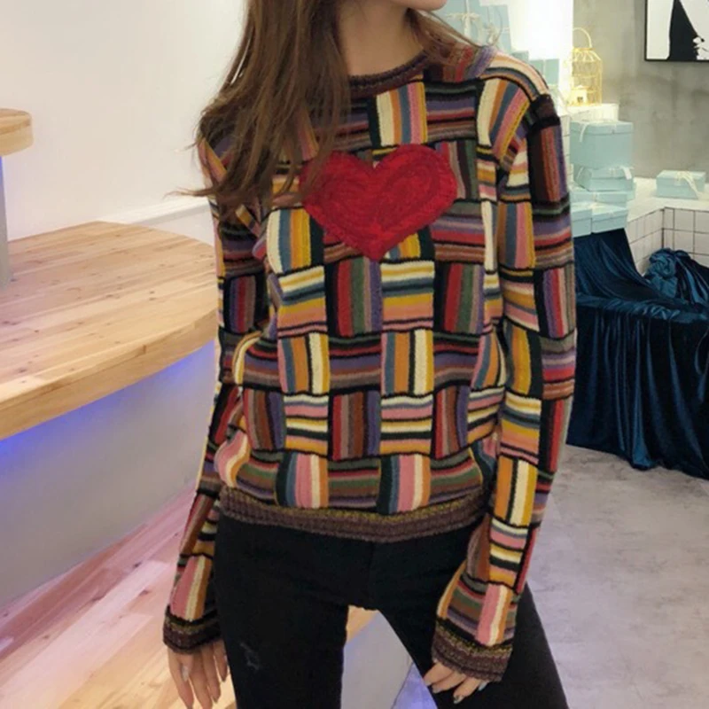Винтажный хит цвета клетчатые свитера Мода 2018 женский любовь сердце жаккардовая