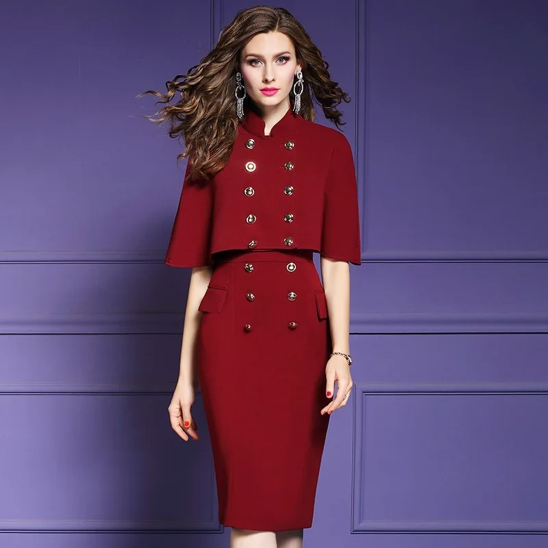 Офисное женское платье с накидкой весна 2019 новое однотонное карандаш