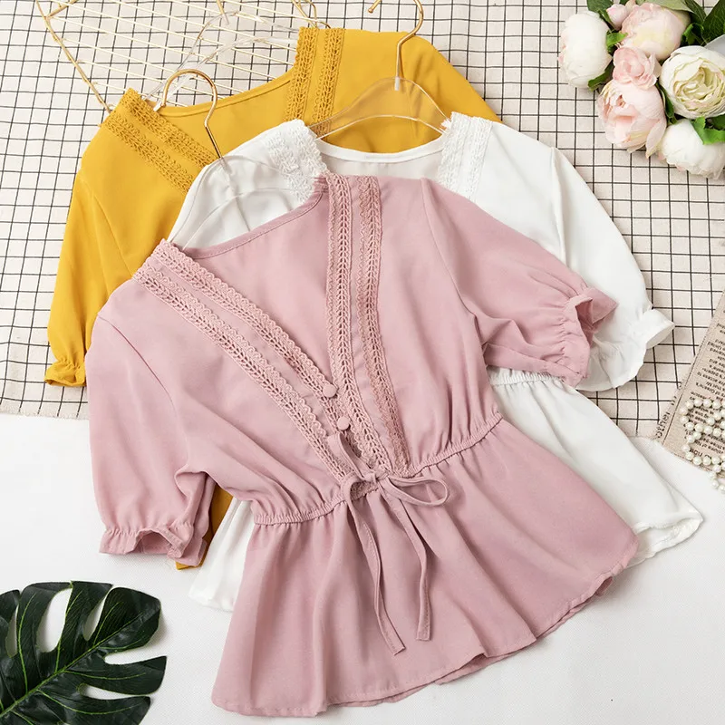 

Summer Women Hollow Out Blouse Sweet Ruffles Lace Shirts Female Short Sleeve Blouses Sexy V-Neck Tie Bow Shirt Short Tops AB1424